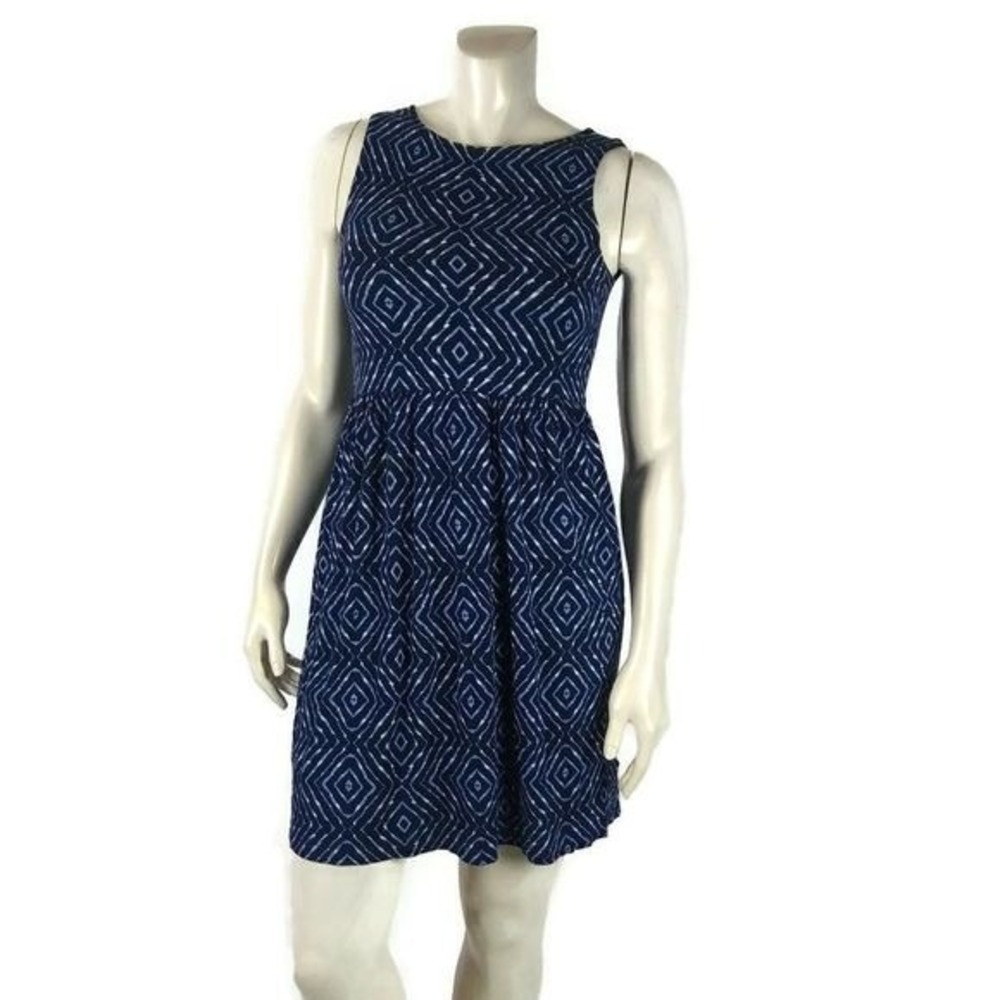 JOE FRESH Med Diamond Print Blue Sleveless Dress - Picture 3 of 5